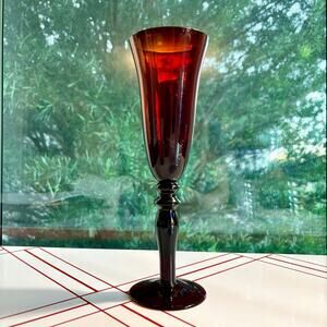 Vintage Fifth Avenue Ruby Red Champagne Flute Single Tall Faceted Stemware 9.5”